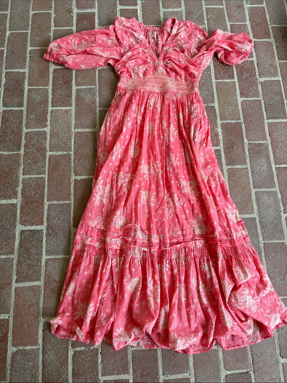 Free People Coral-Pink Floral Maxi Dress with Puff Sleeves - Picture 6 of 15